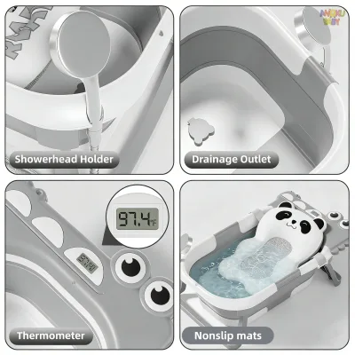 Baignoire pliable bébé avec thermomètre, gris bleu rose – image 2