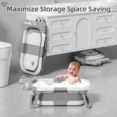 Baignoire pliable bébé avec thermomètre, gris bleu rose – image 3