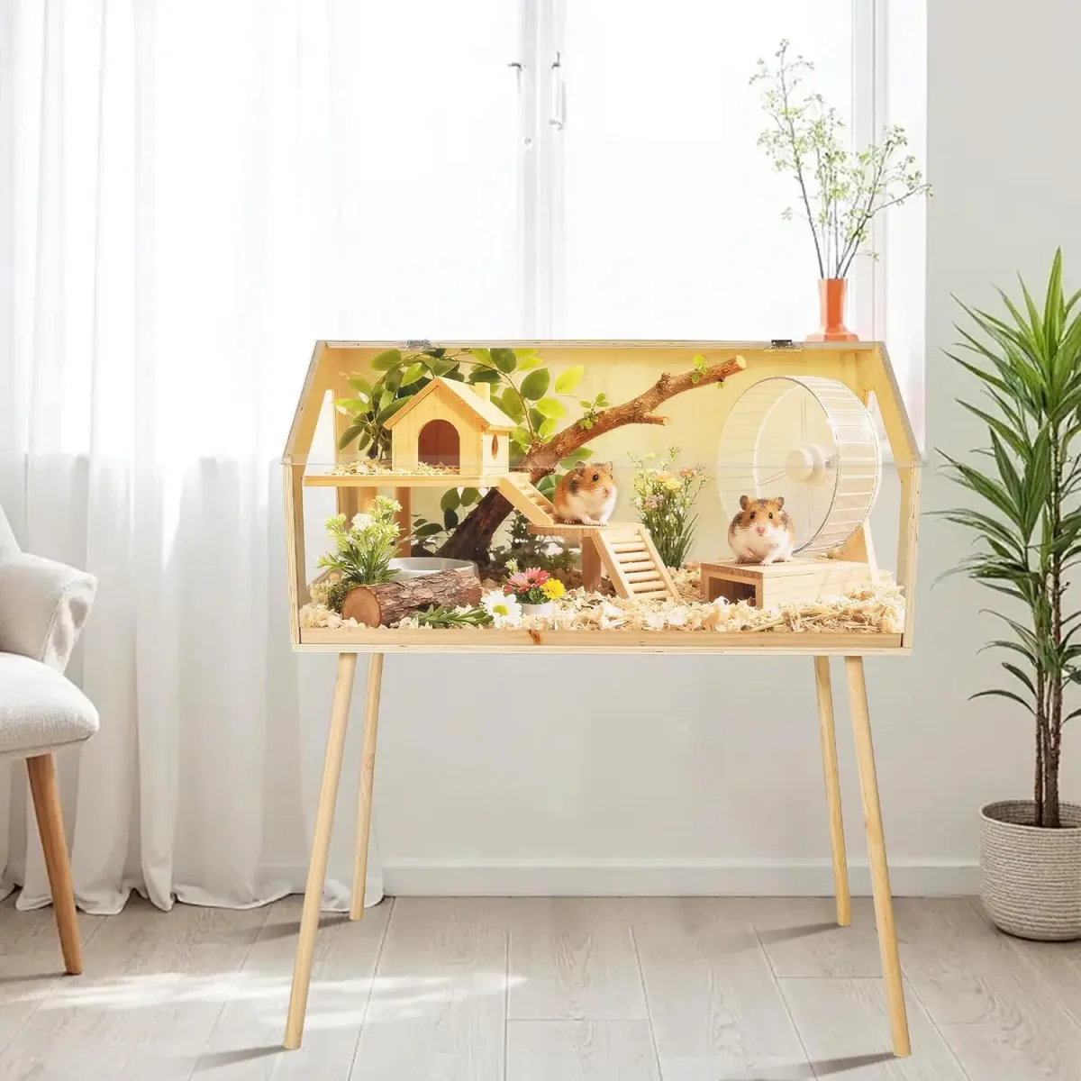 Cage à hamster en bois sur pieds, dessus ouvrable