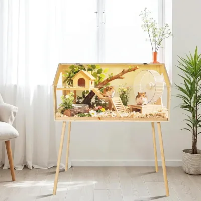 Cage à hamster en bois sur pieds, dessus ouvrable