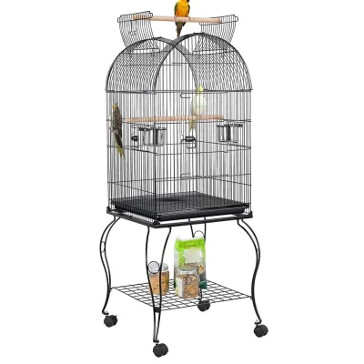 Cage à oiseaux noire sur roulettes, toit ouvrant