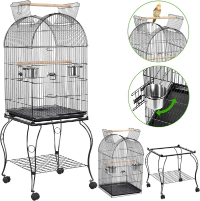 Cage à oiseaux noire sur roulettes, toit ouvrant – image 2