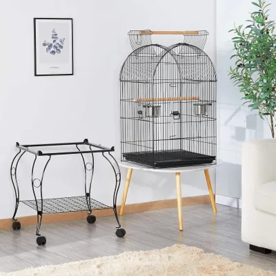 Cage à oiseaux noire sur roulettes, toit ouvrant – image 3
