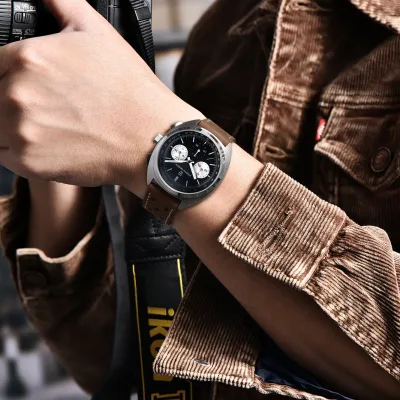 Chronographe à quartz homme, cuir et acier inoxydable – image 2