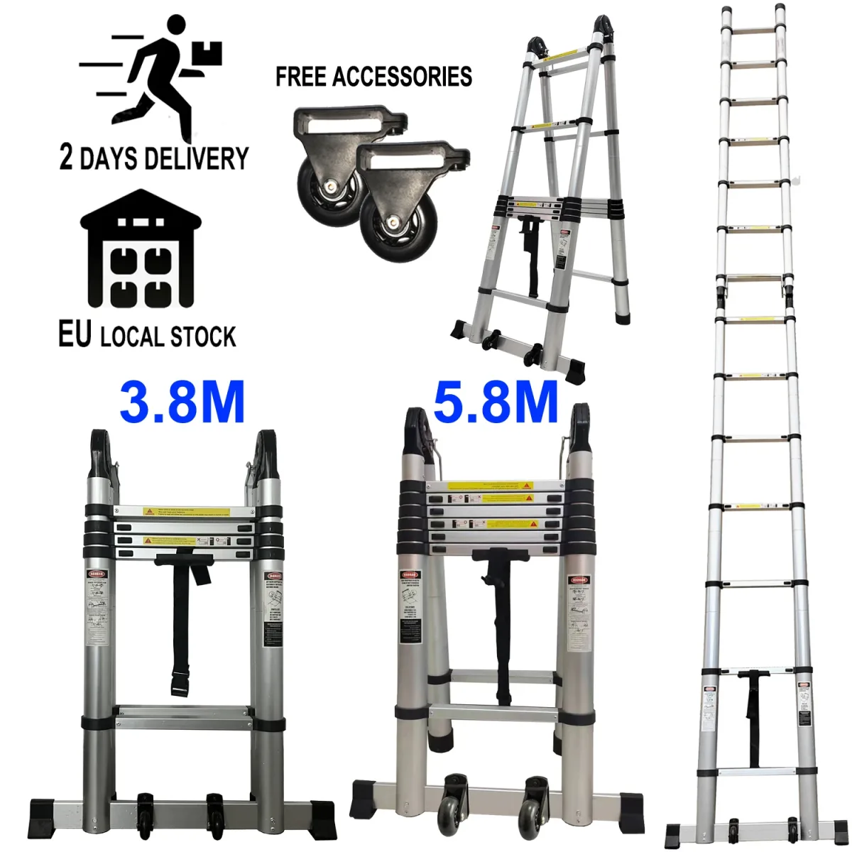 Échelle télescopique 2 en 1 en aluminium, 3,8 m ou 5,8 m
