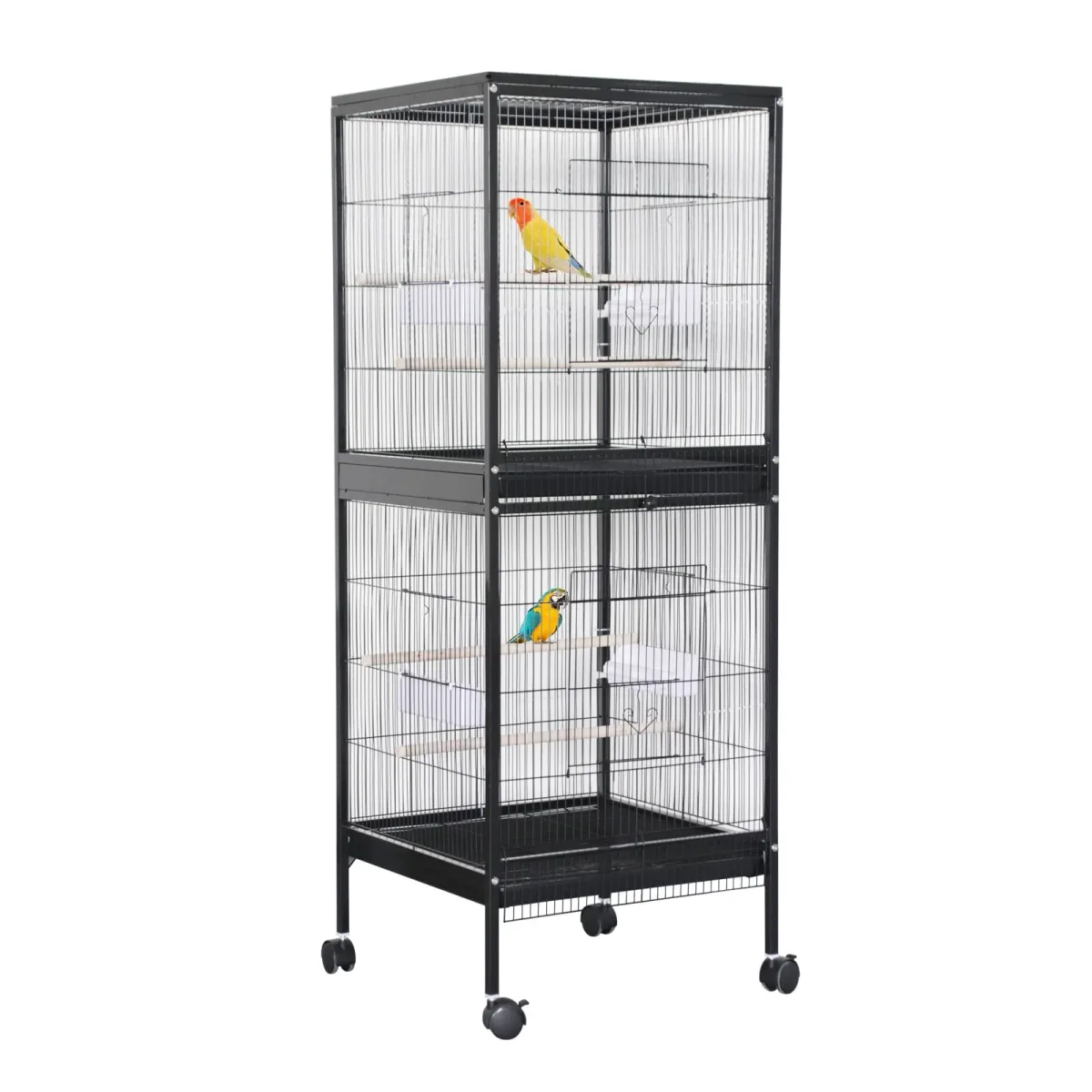 Grande cage à oiseaux noire en fer avec 2 portes et roues