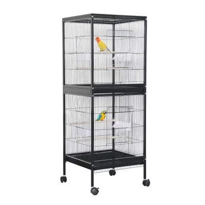 Grande cage à oiseaux noire en fer avec 2 portes et roues