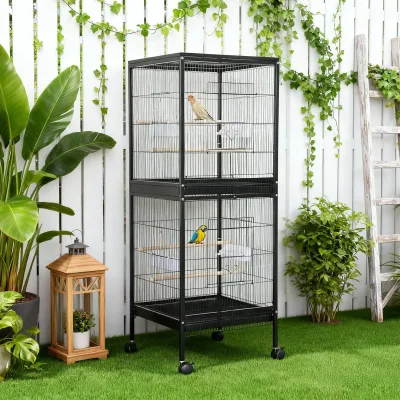 Grande cage à oiseaux noire en fer avec 2 portes et roues – image 2