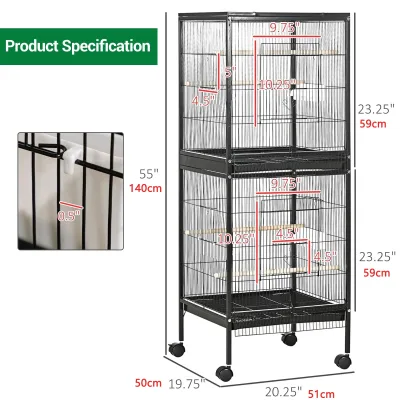 Grande cage à oiseaux noire en fer avec 2 portes et roues – image 3