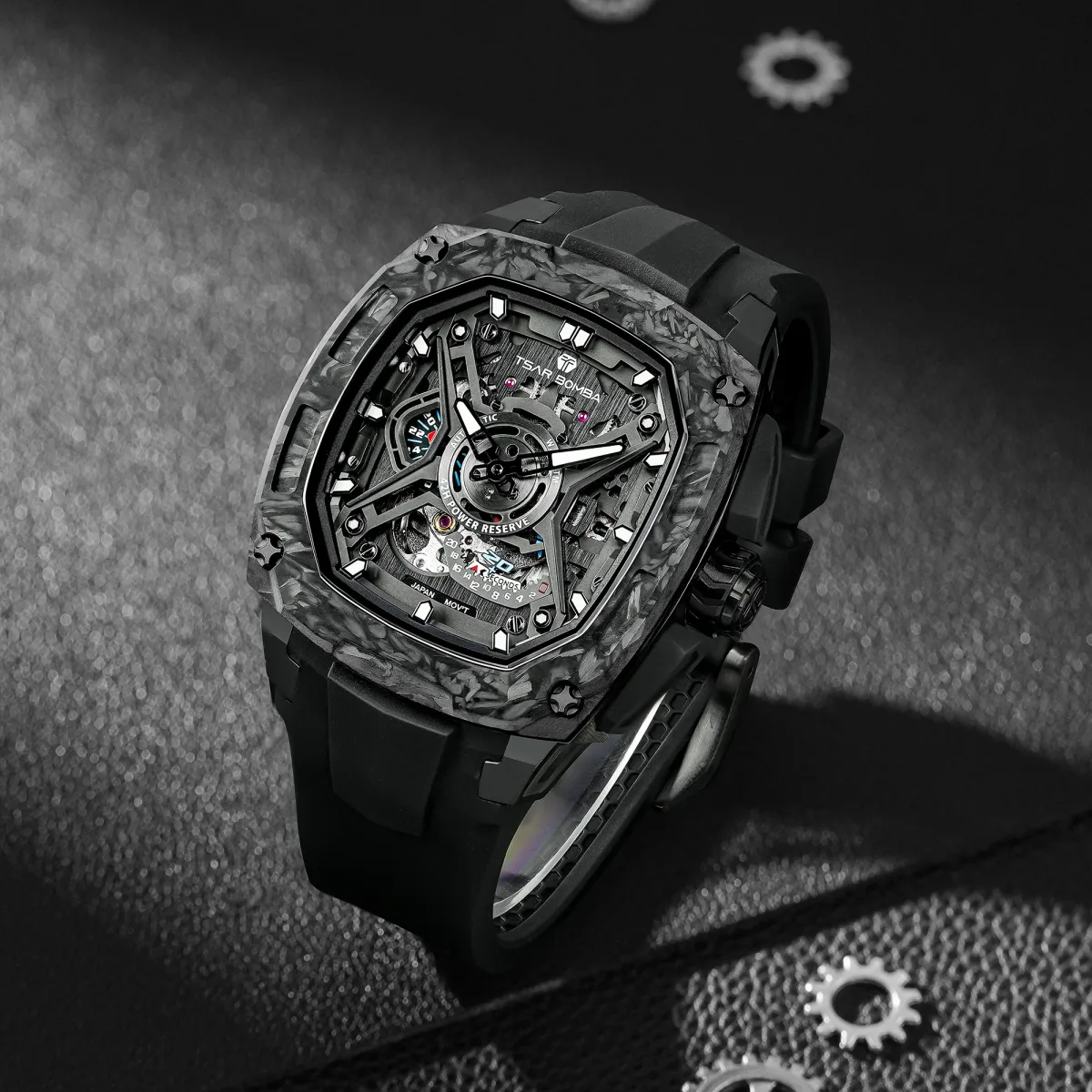 Montre automatique squelette homme, boîtier acier
