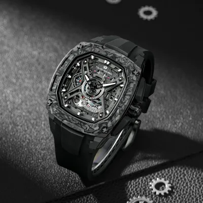 Montre automatique squelette homme, boîtier acier