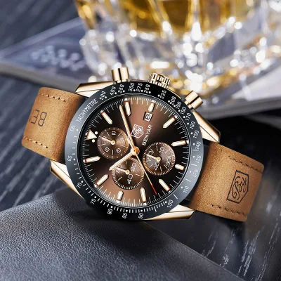 Montre chronographe homme acier inoxydable bracelet cuir – image 3