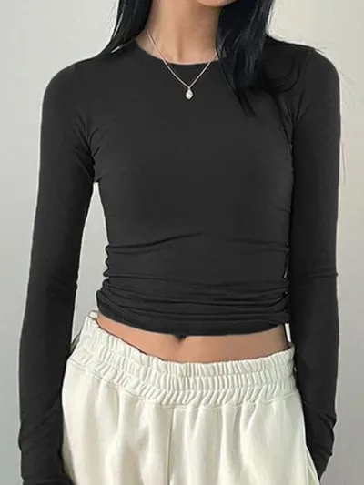 T-shirt femme à manches longues, col rond, uni – image 3